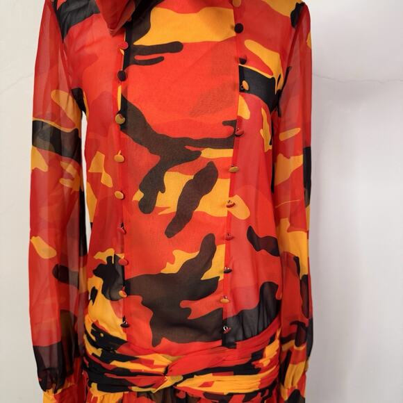 Dsquared2 Camouflage Print Bow Neck Sheer Dress Red Orange Size 38 US 2 - Picture 3 of 12